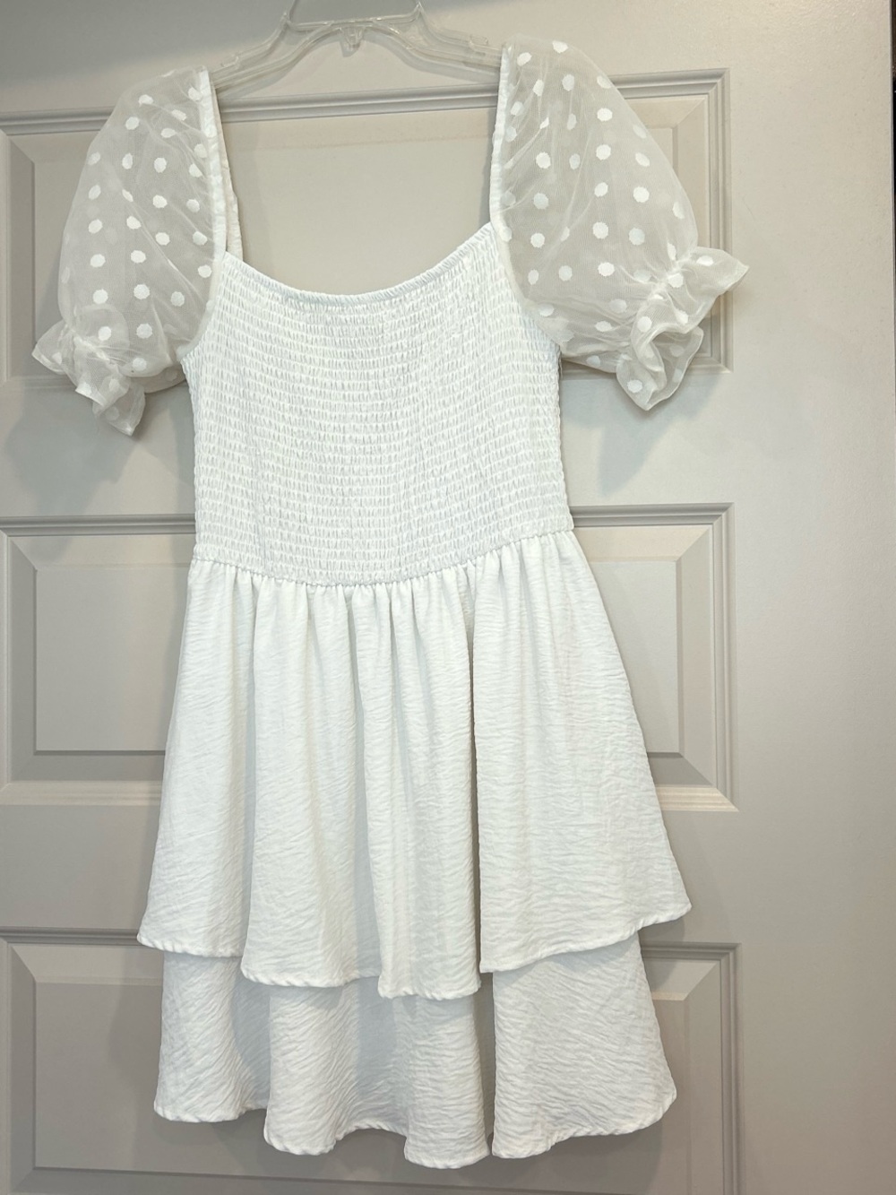White Smocked Tiered Dress with Polka Dot Puff Sleeves